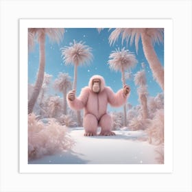 Digital Oil, Ape Wearing A Winter Coat, Whimsical And Imaginative, Soft Snowfall, Pastel Pinks, Blue Art Print