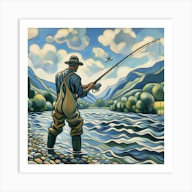 Man Fishing In The River Cabin Decor Art Print