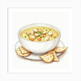 A Charming Watercolor Image Of A Bowl Of Creamy And Rich Clam Chowder With A Side Of Oyster Crackers Art Print