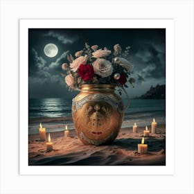 golden Vase Of Flowers On The Beach Art Print