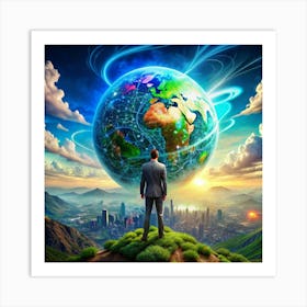 Man Standing Before A Networked Globe Art Print