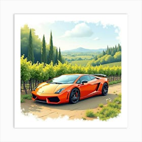 Lamborghini Gallardo Surrounded By A Watercolor Lush Vineyard 1 Art Print