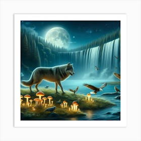 Wolf on the Mushroom Riverbank with Eagle Art Print