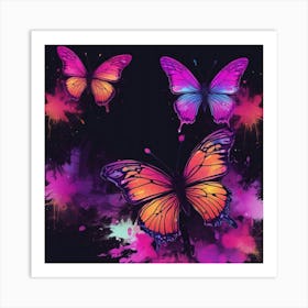 Three Butterflies On A Black Background Art Print