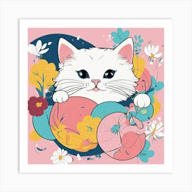 White Cat With Flowers Art Print