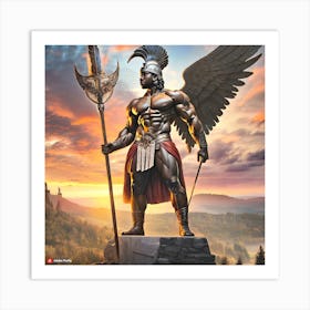 Firefly The Image Depicts A Statue Of A Muscular Man With A Large Winged Helmet, Holding A Spear In Art Print