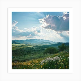 A Panoramic Scene Capturing The Essence Of A Clear Spring Day In Nature Soft Sunlight Filtering Thr Art Print