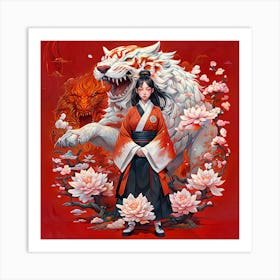 shinobi Samurai Girl white tiger dragon Art Print