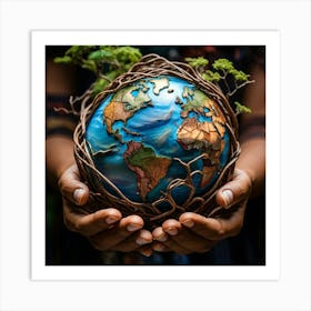 A Hand Of Earthy Brown Weaves Cradling A Detailed Miniature Globe Veins And Tendons Popping Against (4) Art Print