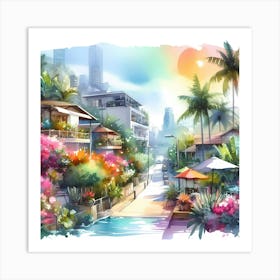 Watercolor Of A Tropical City Art Print