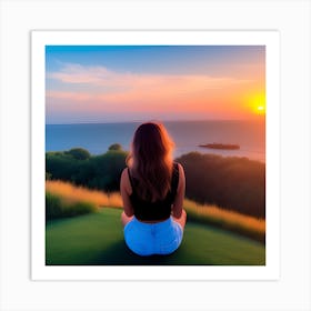 Sunset Girl Sitting On The Grass Art Print