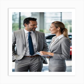 Businessman And Woman Talking In Car Showroom Art Print