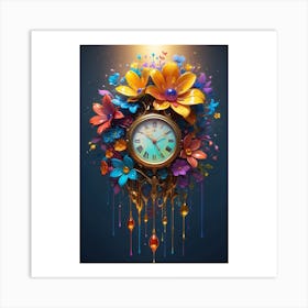 Clock With Flowers Art Print