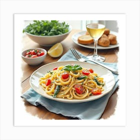 Watercolor Image Of A Creamy And Flavorful Pasta Primavera On A Cozy Dining Table Art Print