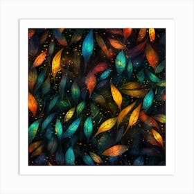 Colorful Leaves On A Black Background Art Print