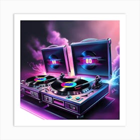 A Highly Detailed, Ultra High Resolution Illustration Of Two Vintage Turntables Spinning Vinyl Records, Blasting Vibrant, Neon Lit 80 S Music, Set Against A Moody, Smoky Background With Subtle Gradient Effects 3 Art Print