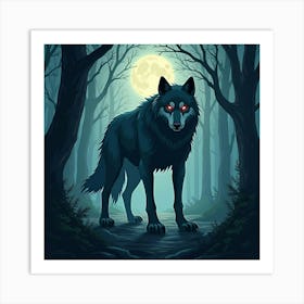 Giant Wolf With Glowing Eyes Standing In An Enchanted Forest Art Print