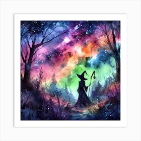 Watercolor Witch In The Forest Art Print