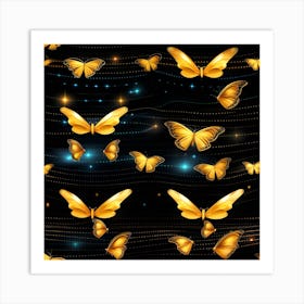 Golden Butterflies On A Black Background Art Print