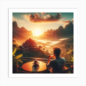 Man Drinking Tea In The Mountains Art Print