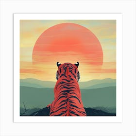 Tiger Admiring Sunset Over Coral Sun With Colorful Sky Art Print