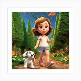 Girl Walking With A Dog Art Print