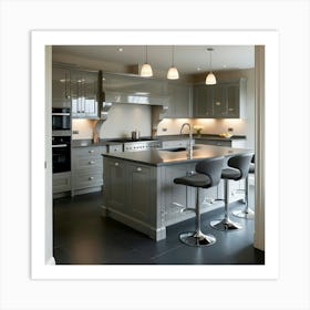 A Stunning, Fully Fitted Kitchen Exudes Sophistication In A Soothing Palette Of Neutral Grey And Charcoal, With Sleek, High Gloss Cabinets That Reflect The Soft, Warm Lighting 3 Art Print