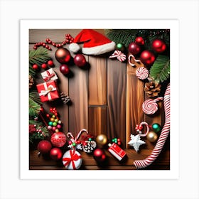 Christmas Ornaments On A Wooden Floor Art Print