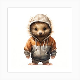 Watercolour Cartoon Porcupine In A Hoodie 1 Art Print