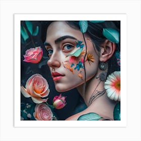 Beautiful Girl With Flowers On Her Face Art Print