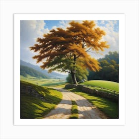 Tree On The Road Art Print