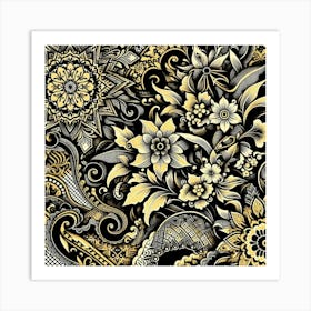 Batik, Gold And Black Floral Pattern Art Print