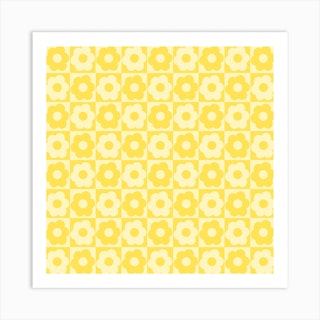 Floral Checker Yellow Square Art Print