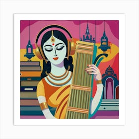 Indian Woman Playing A Sitar Art Print