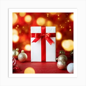 Christmas Decoration Featuring A White Gift Wrapped In Festive Red And White Ribbon Foreground Focu (2) Art Print