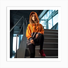 Girl In Orange Hoodie Art Print