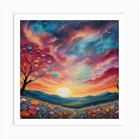 Sunset Over Flowers Art Print