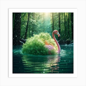 Firefly Green, Soft, Plush, Flamingo, Swimming, Transparent, Glass Lake, Sunlight, Snow, Falling, Re Art Print