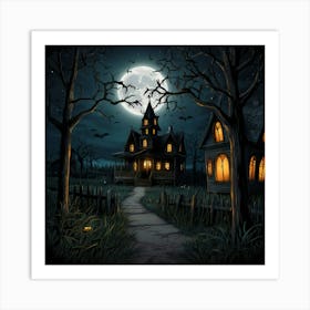 Haunted House At Night Art Print