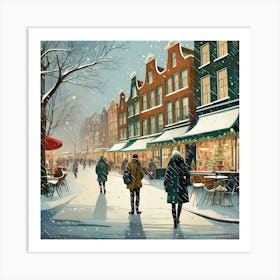 Amsterdam cafes, winter season, Christmas, pale colors, pedestrians in the street, winter clothes, falling snow.13 Art Print