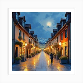 English Streets With Romanian Festival Illuminations, Painted In Watercolor 1 Art Print