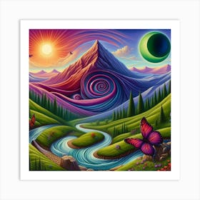 Mountain With Spiral Moon Sun Butterfly 2 Art Print