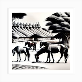 Horses In A Village Art Print