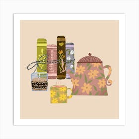 Stack of books and tea Art Print