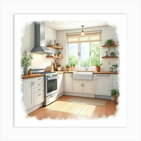 Elegant Kitchen Scene In Watercolor, Bright And Graceful 1 Art Print