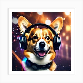 Corgi With Headphones Art Print