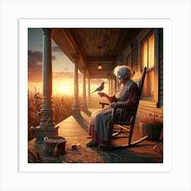 Old Woman Sitting On Porch Art Print