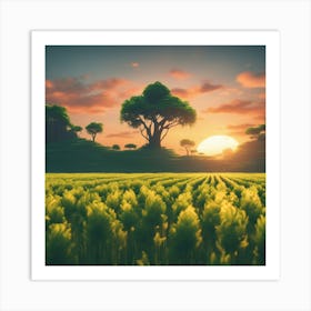 A Beautiful Sunset With A Big Green Flowers Setting On The Horizon, The Sun Shines Through The Tops Art Print