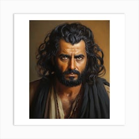 1. man 2. beard 3. brown shawl 4. gold necklace 5. serious expression 6. looking. .man with long, dark hair and a beard. He is wearing a brown shawl and has a gold necklace around his neck. The man has a serious expression on his face and is looking directly at the camera. Art Print