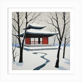 Japanese Zen Garden in Winter Series. Style of David Hockney Art Print